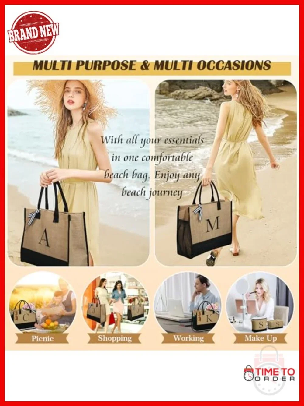 Personalized Initial Jute Tote Bag w/ 2 Makeup Bags Set - Gift for Women